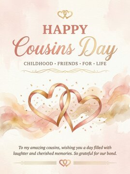 Happy Cousins Day Greeting Card with Golden Hearts and Watercolor Background
