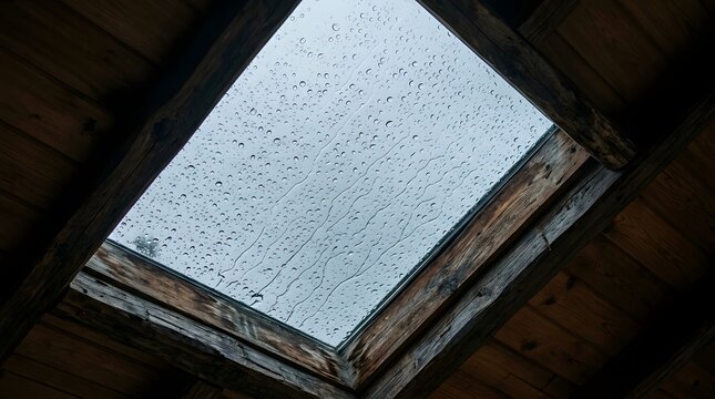 Water droplets covering glass skylight surrounded by wooden ceiling beams displaying stormy weather conditions and tranquil domestic shelter