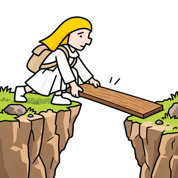 Cartoon traveler bridging a gap between cliffs with a wooden plank