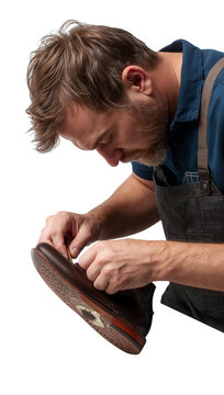 Professional Craftsman Shoemaker Repairing Leather Shoe Sole Isolated on Transparent Background