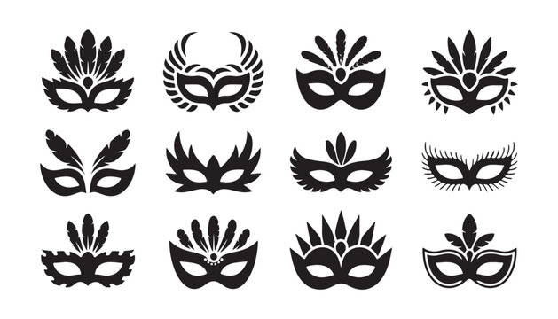 Black masquerade mask silhouettes with decorative feathers on transparent background for party.