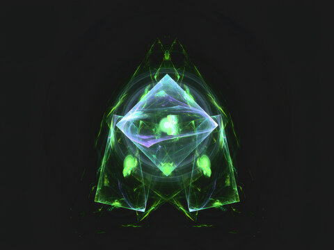 Glowing geometric shape with vibrant green and blue hues creates mystical and futuristic atmosphere against dark background. symmetrical design evokes sense of balance and intrigue