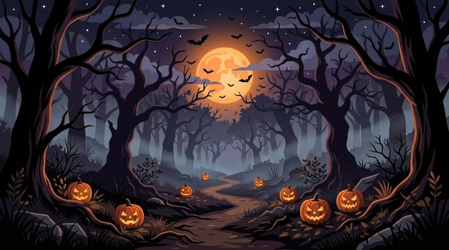 Forest Path Illuminated by a Glowing Moon Face with Scattered Jack-O'-Lanterns. Spooky Halloween Night Scene with Bare Trees and a Winding Trail.