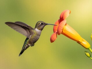 Fototapeta premium Giant hummingbird flies near bright orange flower to collect nectar. Small bird hovers mid air with wings spread wide. Wild animal feeding on tropical blossom in nature. Beautiful wildlife shot in