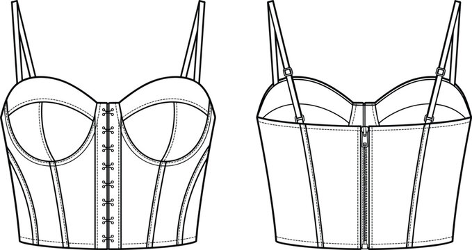 Women's corset bustier crop top technical fashion flat sketch with front hooks and back zipper.