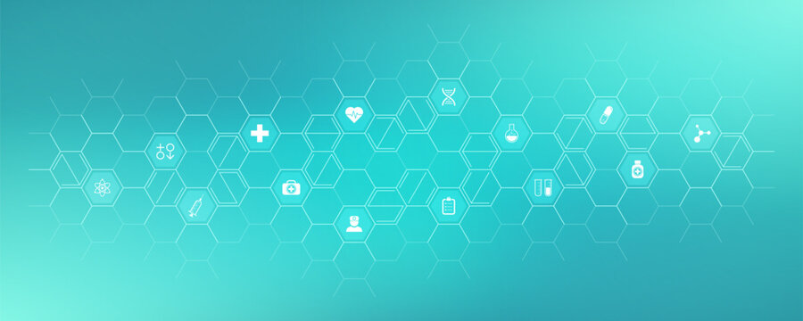 Medical background and healthcare technology with flat icons and symbols. Concept and idea for health care business, innovation medicine, health safety, science, medical research, and development.