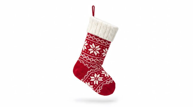 A festive red and white knitted christmas socks decoration with a sweet christmas candy stick isolated on white background