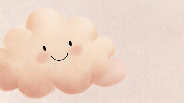 Adorable smiling cloud character rendered in a soft watercolor picturebook style. Warm pastel pink tones and textured paper background create a cozy nursery feel.