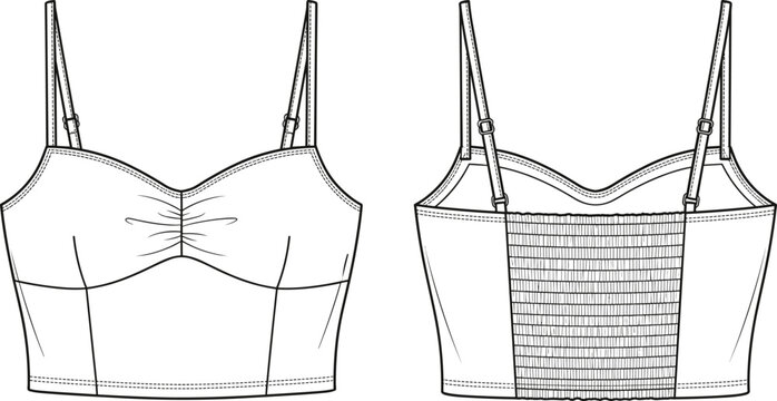 Women's crop top camisole with smocked back and adjustable straps technical fashion flat sketch illustration
