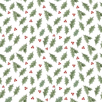 Seamless white Christmas Pattern with Holly Leaves and Red Berries, A seamless repeating pattern of holly leaves and red berries scattered across a white background, flat botanical illustration
