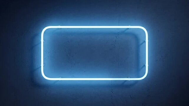 Blue neon glowing rectangular frame pulsing on dark textured wall