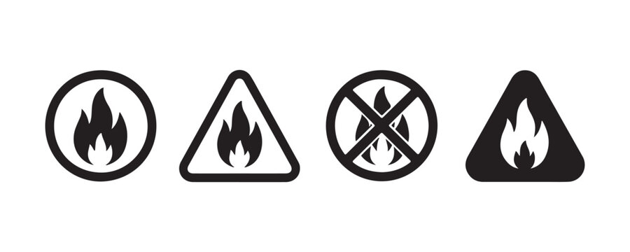 Flammable material warning sign collection set with black fire icons on transparent background.