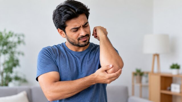 Young man experiencing intense elbow joint pain in living room setting wearing casual blue tshirt.
