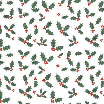 Seamless white Christmas Pattern with Holly Leaves and Red Berries, A seamless repeating pattern of holly leaves and red berries scattered across a white background, flat botanical illustration