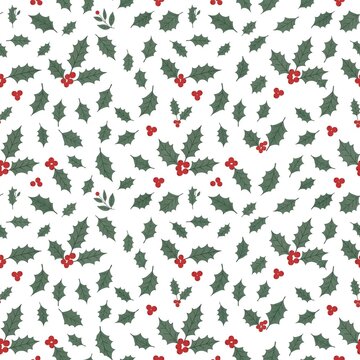 Seamless white Christmas Pattern with Holly Leaves and Red Berries, A seamless repeating pattern of holly leaves and red berries scattered across a white background, flat botanical illustration