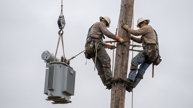 Two workers replacing transformer on utility pole in cloudy weather  