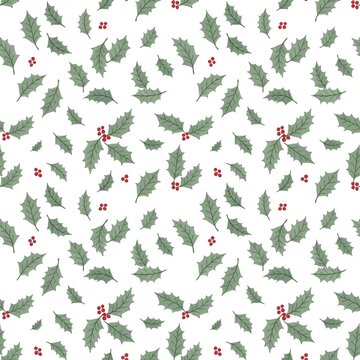 Seamless white Christmas Pattern with Holly Leaves and Red Berries, A seamless repeating pattern of holly leaves and red berries scattered across a white background, flat botanical illustration