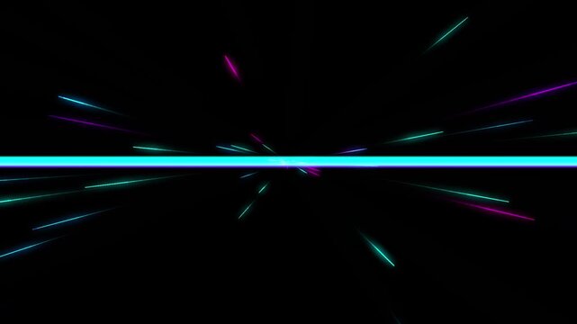 Minimalist digital art featuring single horizontal cyan laser beam crossing dark screen with scattered fast motion particle light streaks creating sleek high tech atmosphere for video presentation