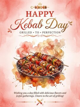 Happy Kebab Day Illustration With Grilled Skewers And Festive Text