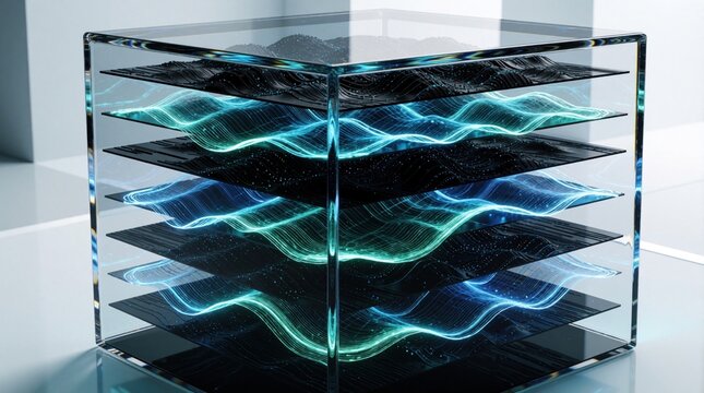 Abstract 3D render of glowing digital waves inside transparent glass cube. Blue, teal light waves flow between dark parallel layers. Futuristic data visualization concept showing neural network