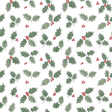Seamless white Christmas Pattern with Holly Leaves and Red Berries, A seamless repeating pattern of holly leaves and red berries scattered across a white background, flat botanical illustration