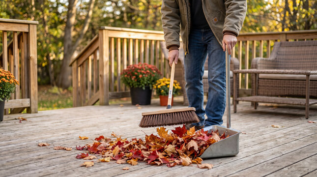 Man sweeping leaves off deck in autumn garden with colorful flowers  