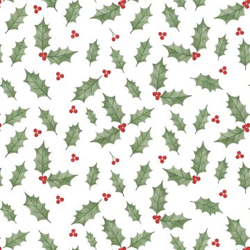 Seamless white Christmas Pattern with Holly Leaves and Red Berries, A seamless repeating pattern of holly leaves and red berries scattered across a white background, flat botanical illustration