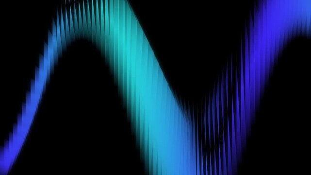 Fluid abstract wave pattern composed of vertical blue and cyan gradient light bars creating soft rhythmic motion effect against solid black background for elegant digital design and media arts