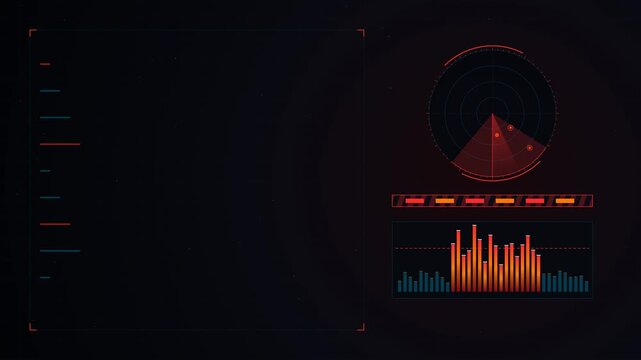 4K cyberpunk HUD animation of a network traffic overload alert with sector threat radar, packet spike spectrum, and hazard red neon warning pulse.