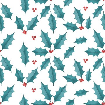 Seamless white Christmas Pattern with Holly Leaves and Red Berries, A seamless repeating pattern of holly leaves and red berries scattered across a white background, flat botanical illustration