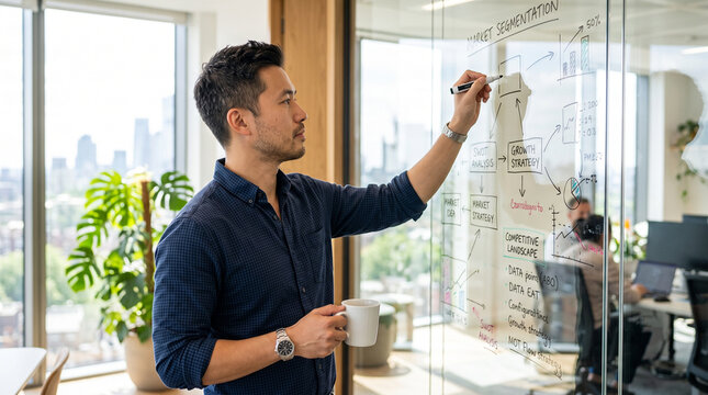 Business Professional Planning Strategy on Glass Board in Modern Office
