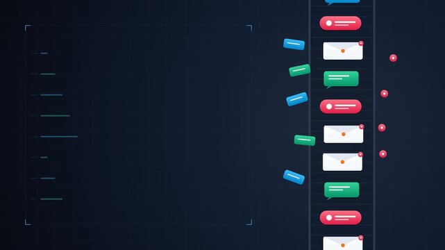 4K motion graphics loop of a vertical endless conveyor belt of email envelopes and chat bubbles overflowing with red notification badges.