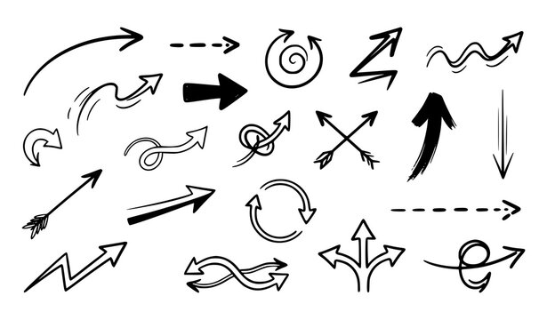 Hand Drawn Arrow Vector Set, Artistic Directional Sketch Symbols and Icons