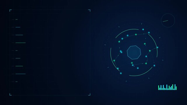 4K motion graphics loop of a global fintech topological node network with concentric rotating cryptographic rings in dark navy, cyan, and emerald green.
