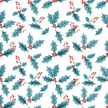 Seamless white Christmas Pattern with Holly Leaves and Red Berries, A seamless repeating pattern of holly leaves and red berries scattered across a white background, flat botanical illustration