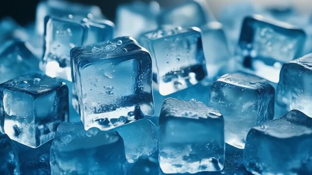 Clear ice cubes scattered across a dark surface with subtle water droplets during a soft studio light