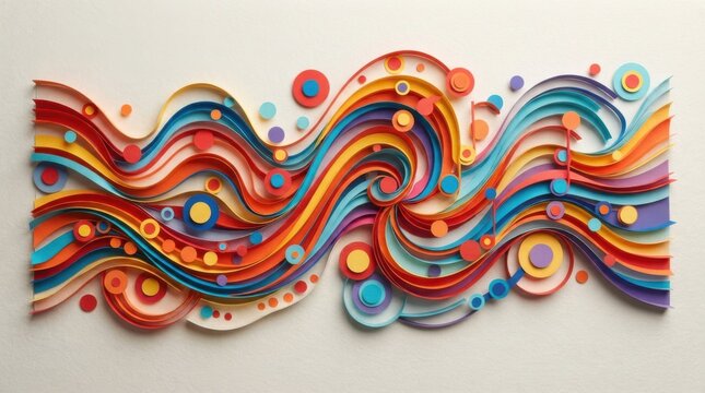 Dynamic paper cut wave banner featuring colorful ribbons and confetti circles for musical or celebration concepts.
