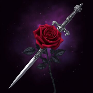 Gothic red rose with ornate silver dagger on dark purple background