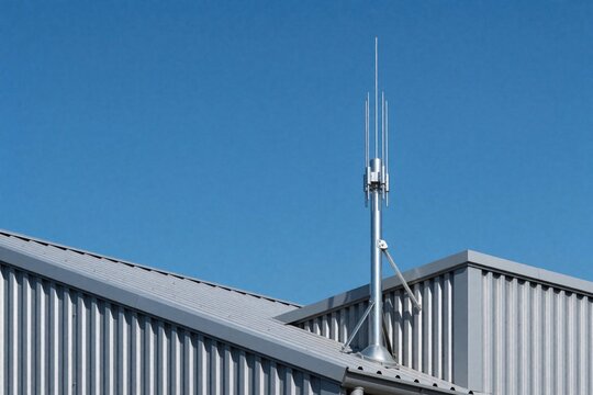 Metal lightning rod installed on industrial warehouse roof under clear blue sky. Electrical protection system uses steel pole, antenna to shield building from storm strikes. Safety equipment prevents