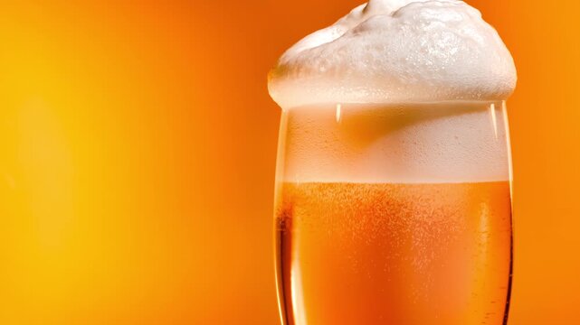 Fresh light beer pouring into a tall glass with thick white foam head on orange background.