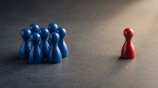 Standing out from the crowd concept with red game piece separated from blue group leadership individuality differentiation uniqueness competition business strategy