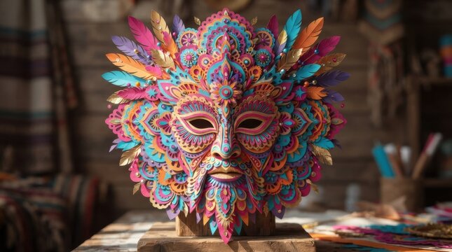 Intricate layered paper craft carnival mask with vibrant rainbow feathers and ornate mandalas offers festival costume inspiration.