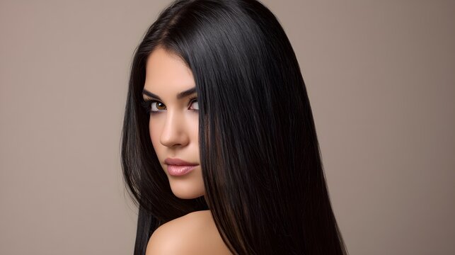 Beautiful woman with long, smooth, and shiny dark hair. Natural makeup accents for hair care and beauty ads. brunette model with sleek, lon, straight black hair.