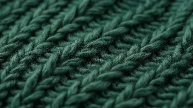Close up of green knitted fabric texture with diagonal ribbing pattern in soft natural light