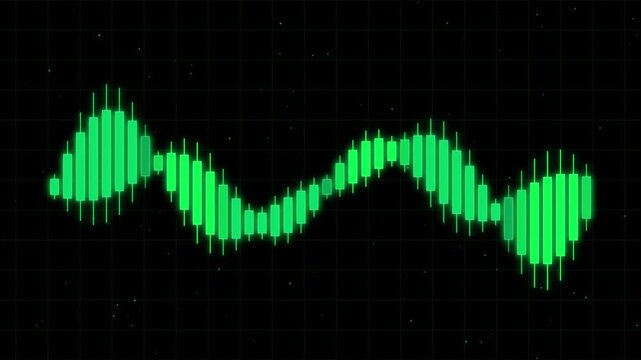 Digital financial candlestick chart with green glowing bars