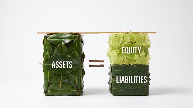 Accounting equation concept with blocks made of green leaves representing assets equal to liabilities plus equity, isolated on a white background