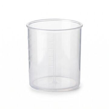 Empty transparent plastic measuring cup isolated on white background