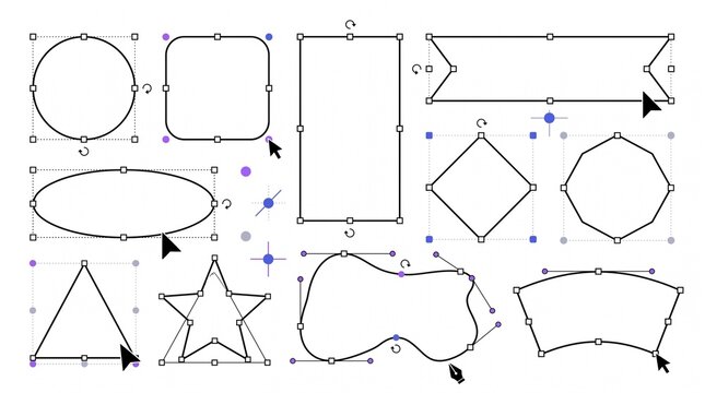 Bounding box set with resize handles, transform controls, anchor points and cursor arrows on geometric shapes like circle, rectangle, star, triangle, and curve path for digital editing UI