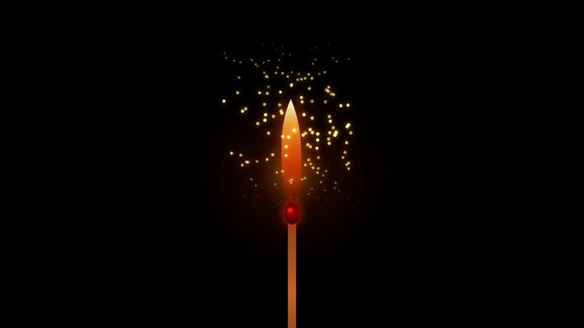 Burning matchstick with golden sparks on black background