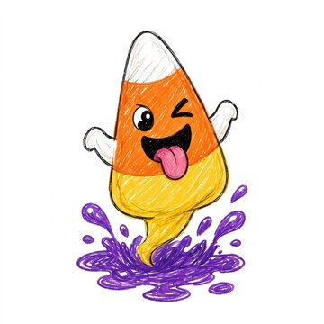 Cute cartoon candy corn ghost character jumping with a splash into purple liquid, funny Halloween crayon doodle illustration isolated on white background
